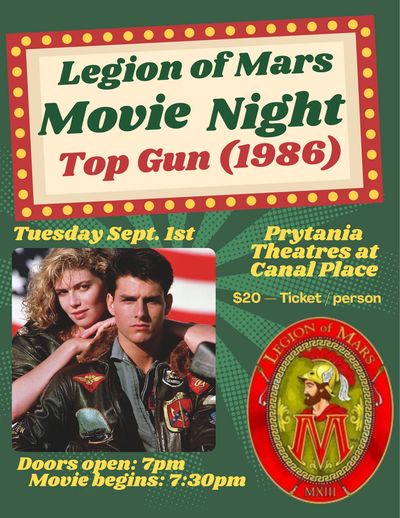 Poster for Legion of Mars Movie Night featuring Top Gun (1986).
