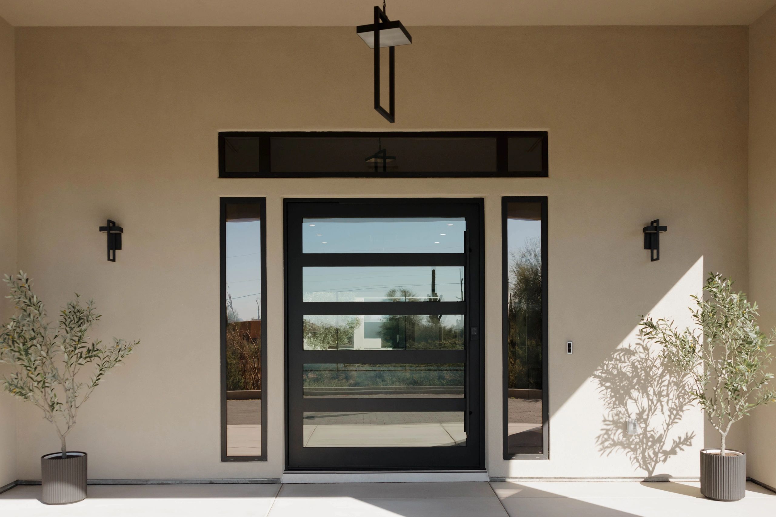 Modern black glass front door with side windows and potted plants.