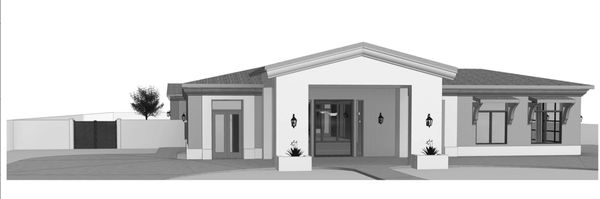 Modern single-story house with a central entrance and symmetrical design.