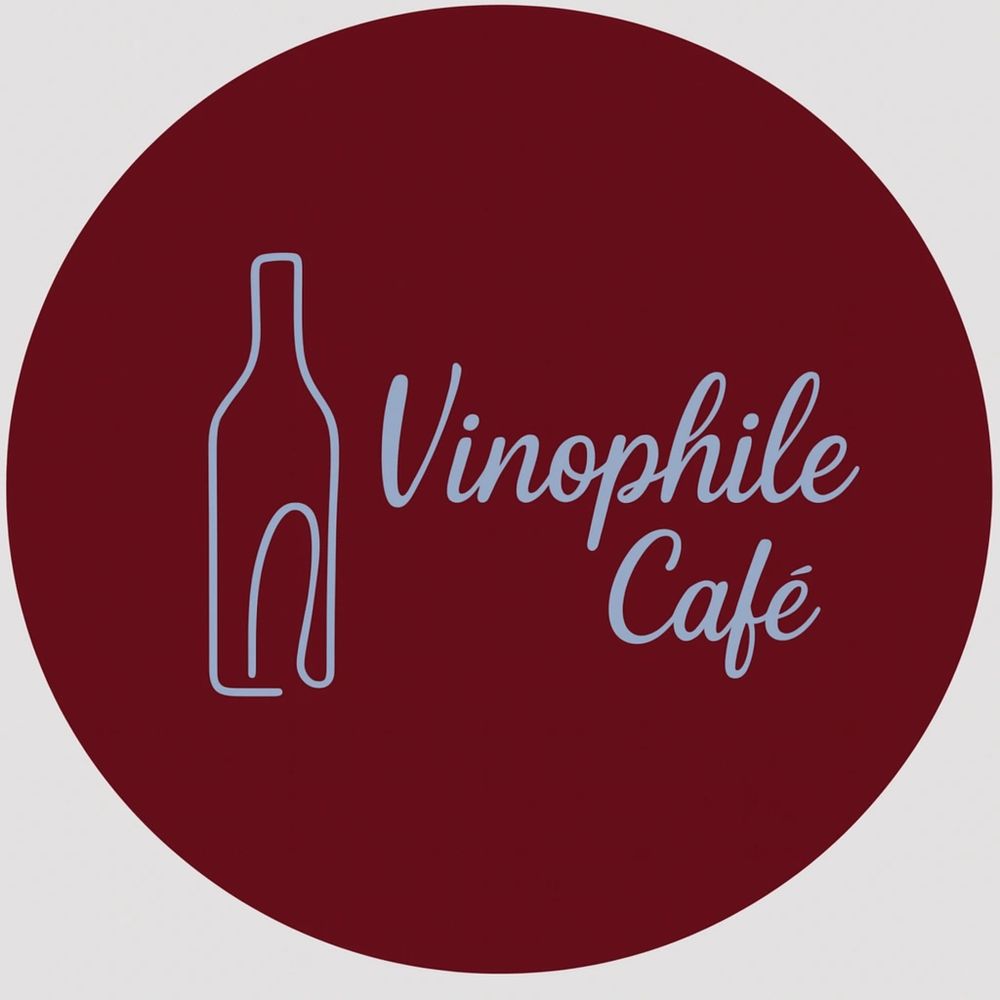 Logo of Vinophile Café with a wine bottle outline on maroon background.