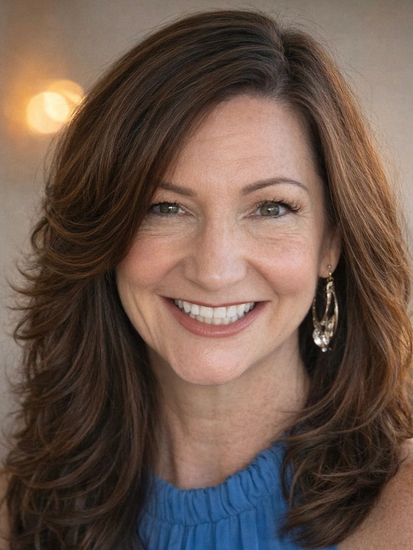 Smiling woman with wavy brown hair and hoop earrings.