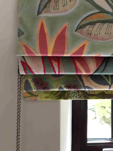 a bespoke, velvet, interlined roman blind