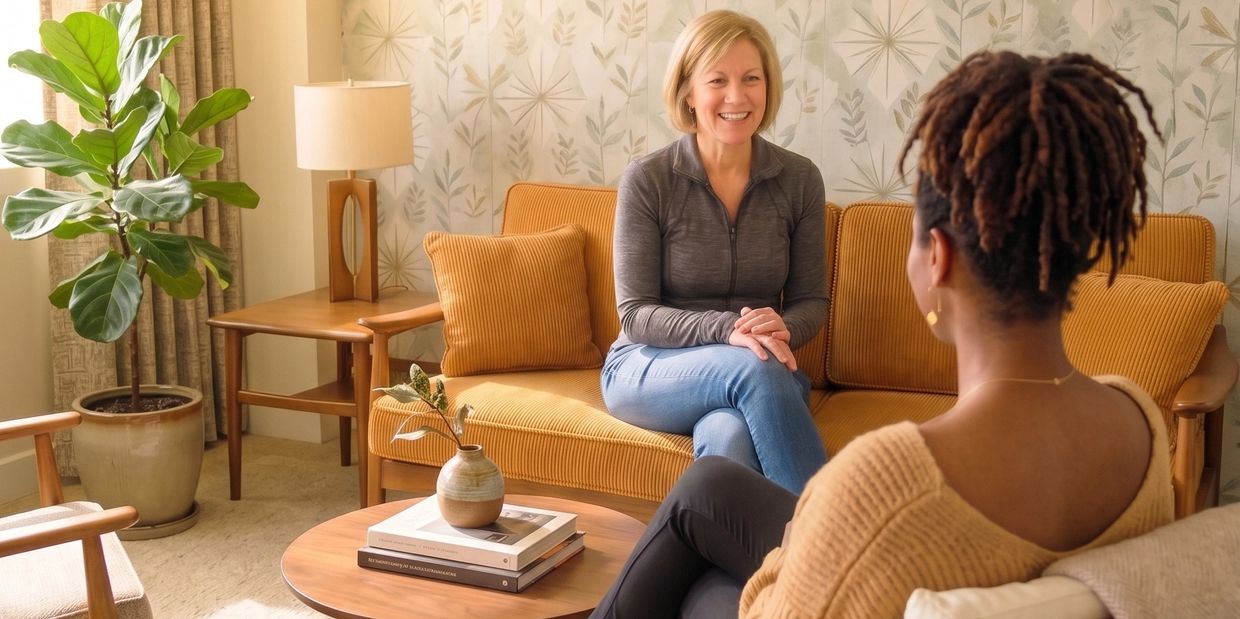 Two women engaged in a friendly conversation in a cozy living room.