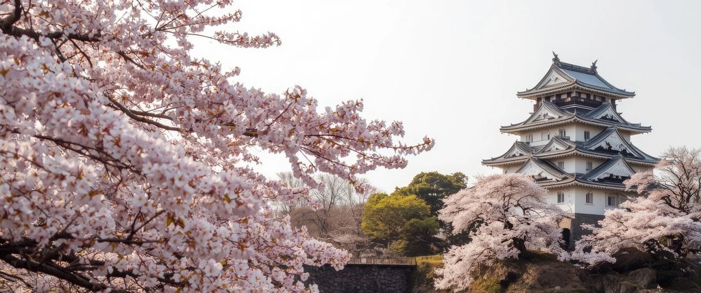 Cherry blossoms in full bloom near a traditional Japanese castle.