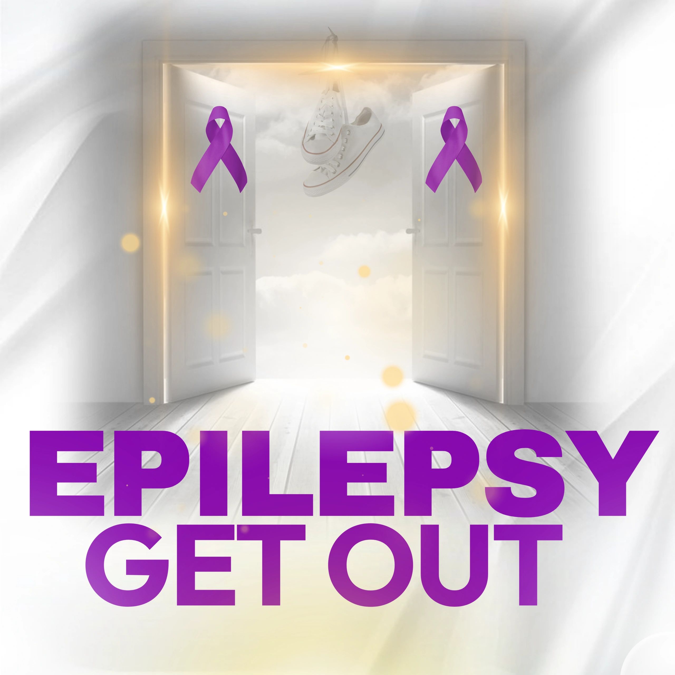 White sneakers hanging in a glowing doorway with purple epilepsy awareness ribbons.