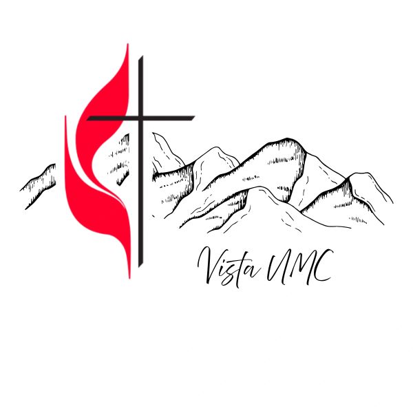 Logo with cross, flame, mountains, and 'Vista UMC' text.