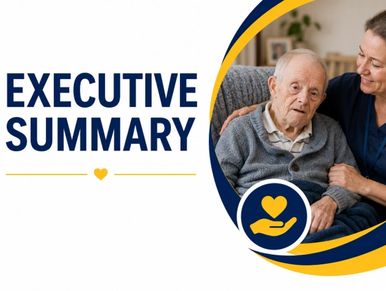 Elderly man with caregiver beside text 'Executive Summary'.