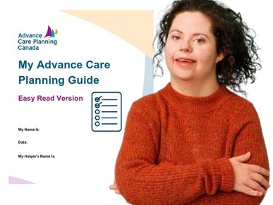 Advance Care Planning guide with a smiling woman in a red sweater.