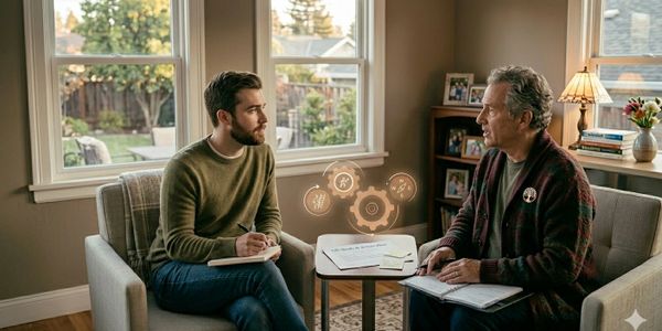 Two men having a thoughtful discussion in a cozy living room setting.