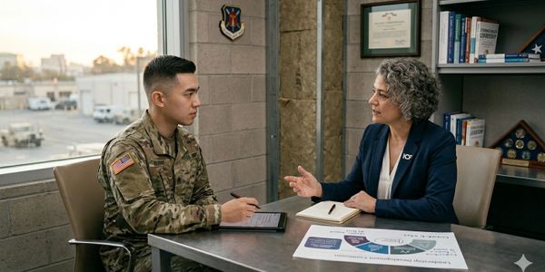A soldier and a civilian woman discuss documents in an office setting.