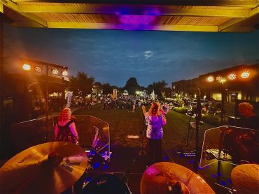 Band performing outdoors at dusk with audience.