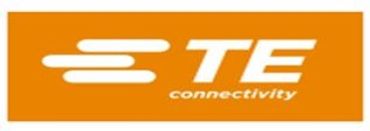 Orange TE Connectivity logo with white text and design elements.