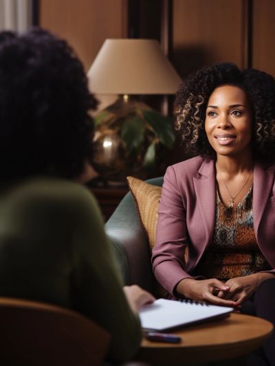 A woman attentively listens during a conversation in a cozy office setting.