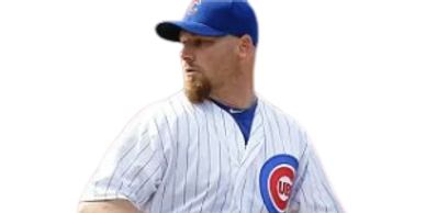 Baseball player in Chicago Cubs uniform preparing to pitch.