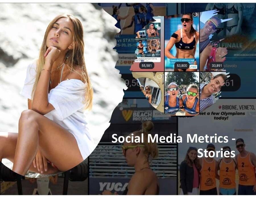 Woman posing with social media metrics collage and title.