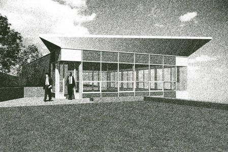 Black and white architectural rendering of a modern building with glass walls.