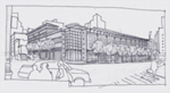 Sketch of a modern building on a city street with cars and pedestrians.