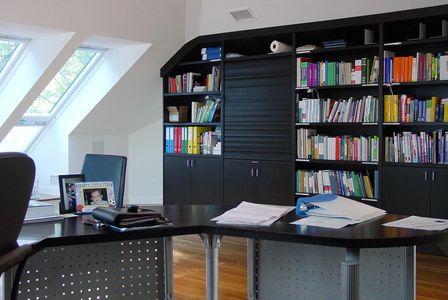 Modern office space with bookshelves and large windows.