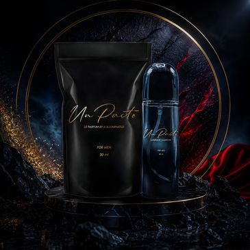Elegant black perfume bottle and packaging set on a dark marble pedestal with gold accents.
