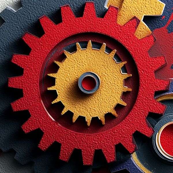 Colorful textured gears interlocked against a splattered background.