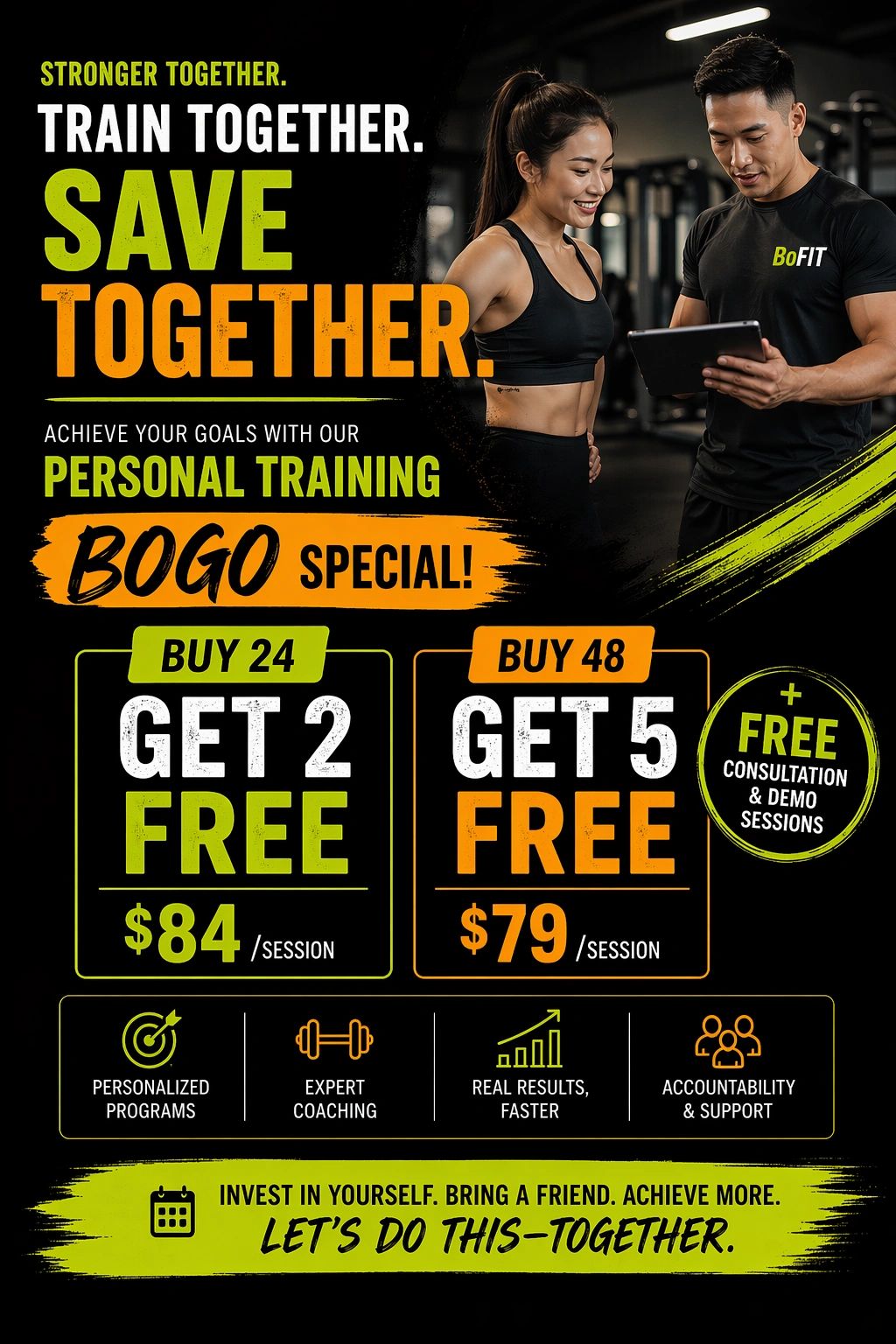 Fitness promo: Buy personal training sessions and get free ones, with expert coaching and support.