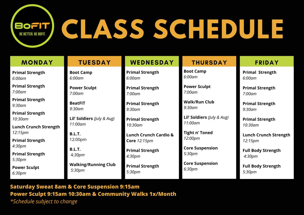 BoFIT weekly fitness class schedule featuring strength, sculpt, and cardio sessions.