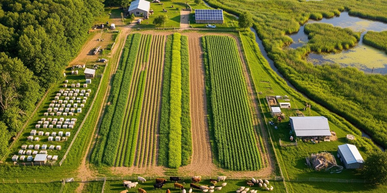 Aerial view of a farm with crops, beehives, and grazing cattle near wetlands.