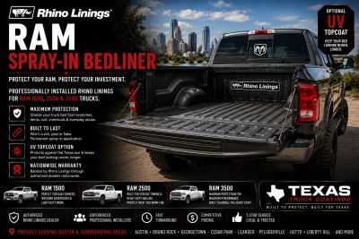 Ram truck spray in bedliner Austin. Rhino Linings, Texas Truck Coatings only $399