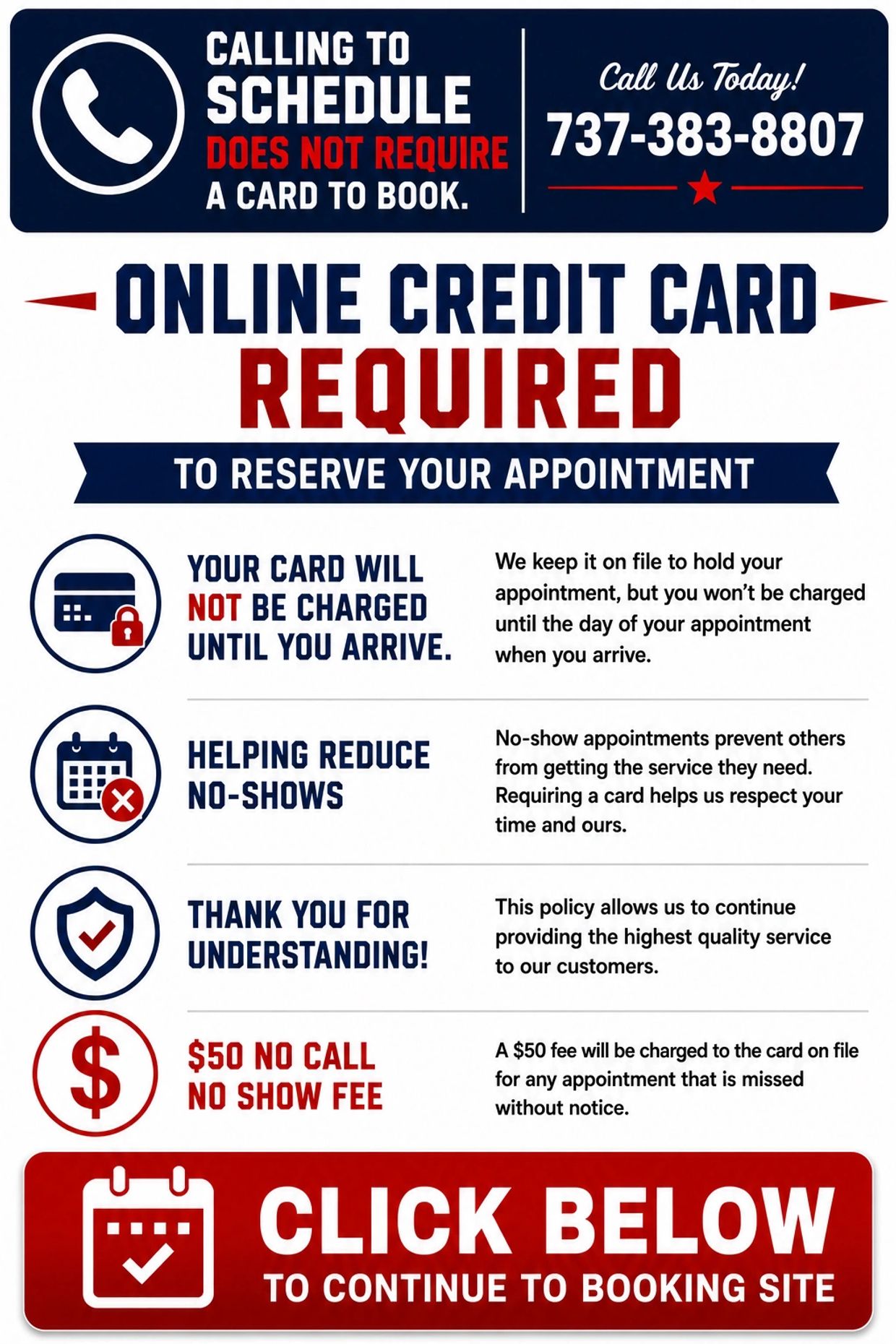 Online credit card required to reserve appointments, no charge until arrival, $50 no-show fee applies.