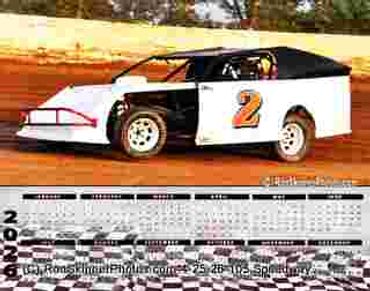 Race car number 2 on a dirt track with a 2023 racing calendar below.