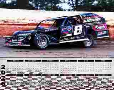 Race car number 8 speeding on a dirt track with a 2023 calendar below.