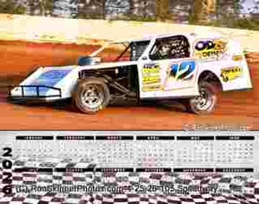 Modified dirt track race car on a dirt raceway with a 2023 calendar below.