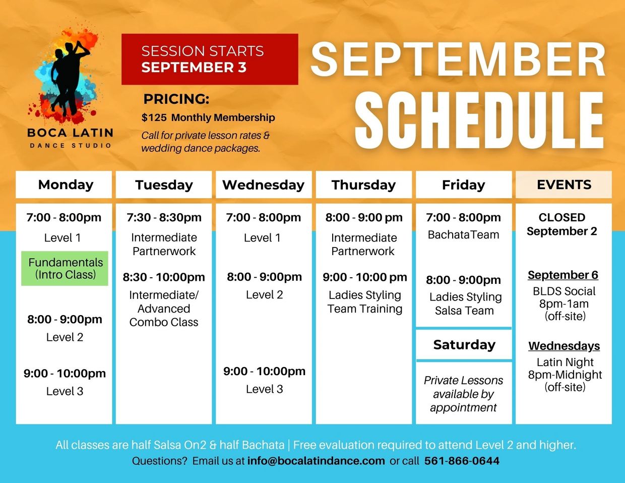 Grid of the September Class Schedule 