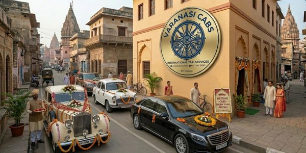 Vintage and modern decorated cars on a street in Varanasi for wedding services.