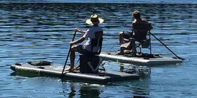 Folding chair on a paddle board, chair on SUP, seat on SUP, paddle board with seat.