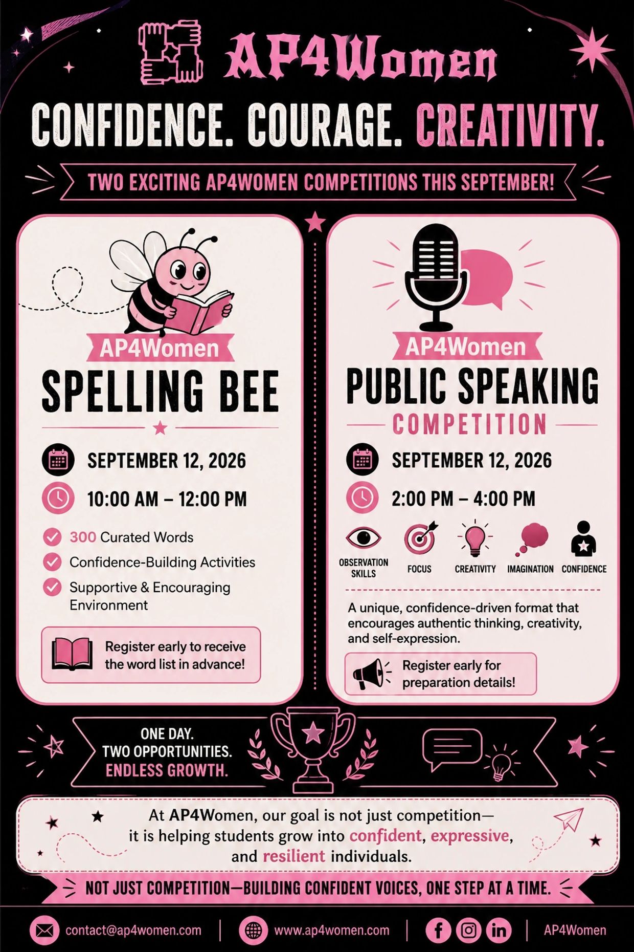 AP4Women hosts Spelling Bee and Public Speaking competitions on September 12, 2026.