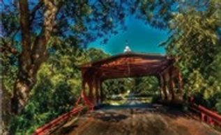 A rustic covered bridge surrounded by green trees under a blue sky.