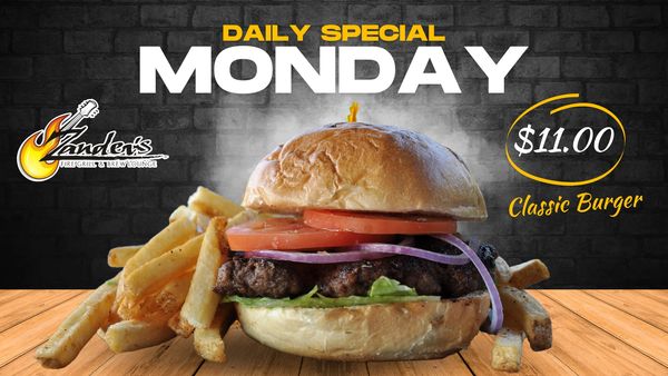 Zander's Brantford Burger Mondays special featuring delicious burgers at a great price every Monday.