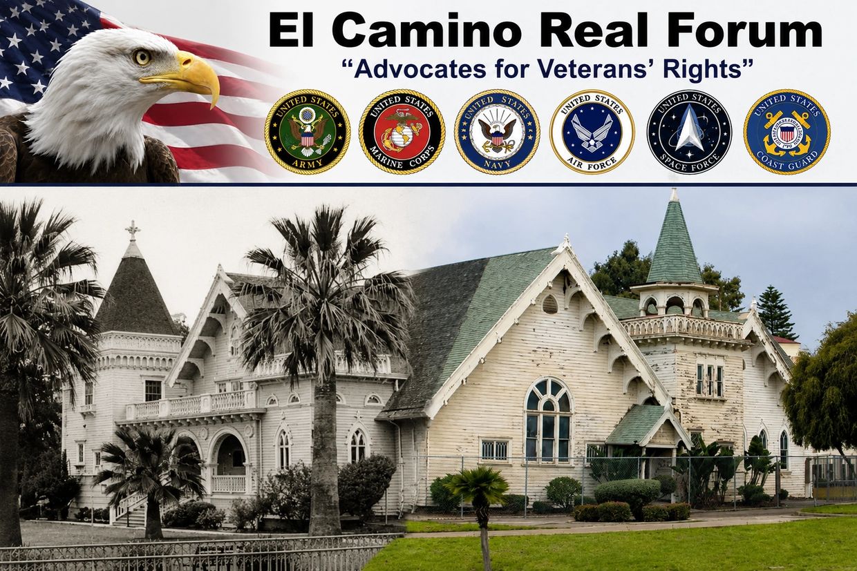 El Camino Real Forum promotes veterans' rights with patriotic imagery and military branch emblems.
