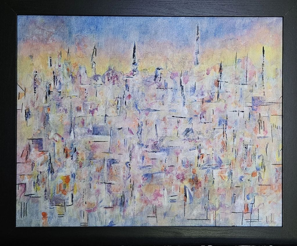 cityscape 20 x 16 framed acrylic and wax pastel