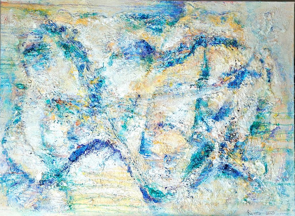 Loops of blue, beige and yellow on bumpy textured surface