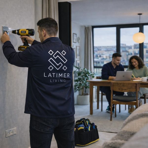 A worker drills into a wall while a couple discusses plans at a table.
