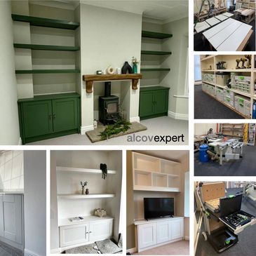 Custom built-in alcove shelves and cabinets in various stages of construction and finished.