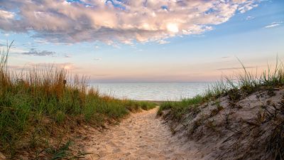A sandy path surrounded by marram grass on either side leading up tot he shores of Lake Michigan in 