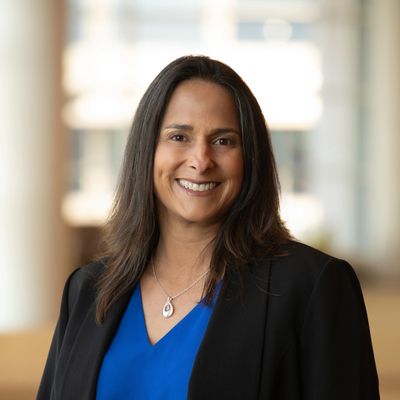 Latina smiling while wearing a blue blouse and black blazer.