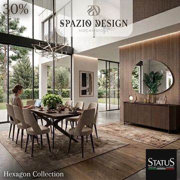 Sala de jantar moderna com móveis hexagonais e decoração elegante.