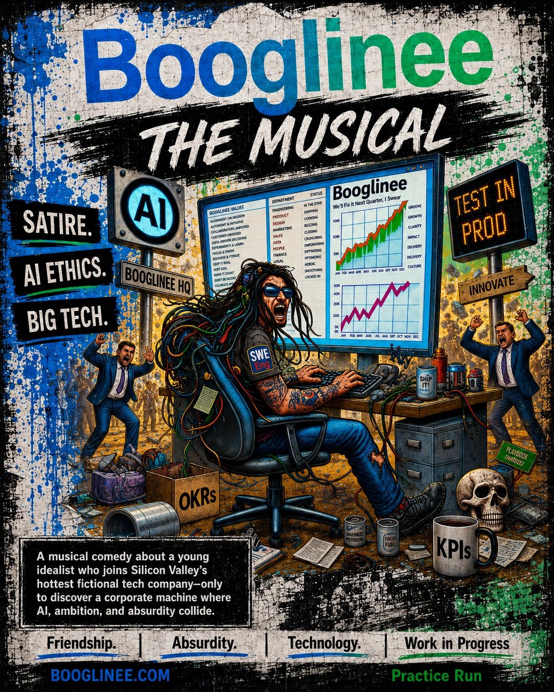 Colorful poster of Booglinee: The Musical with tech satire and absurdity.