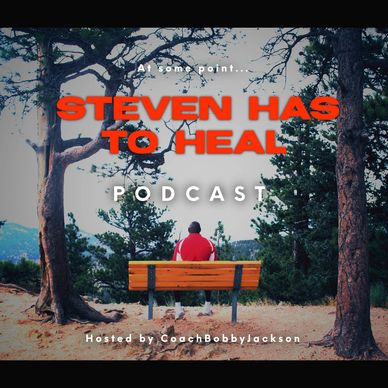Podcast cover with a person sitting on a bench in nature.