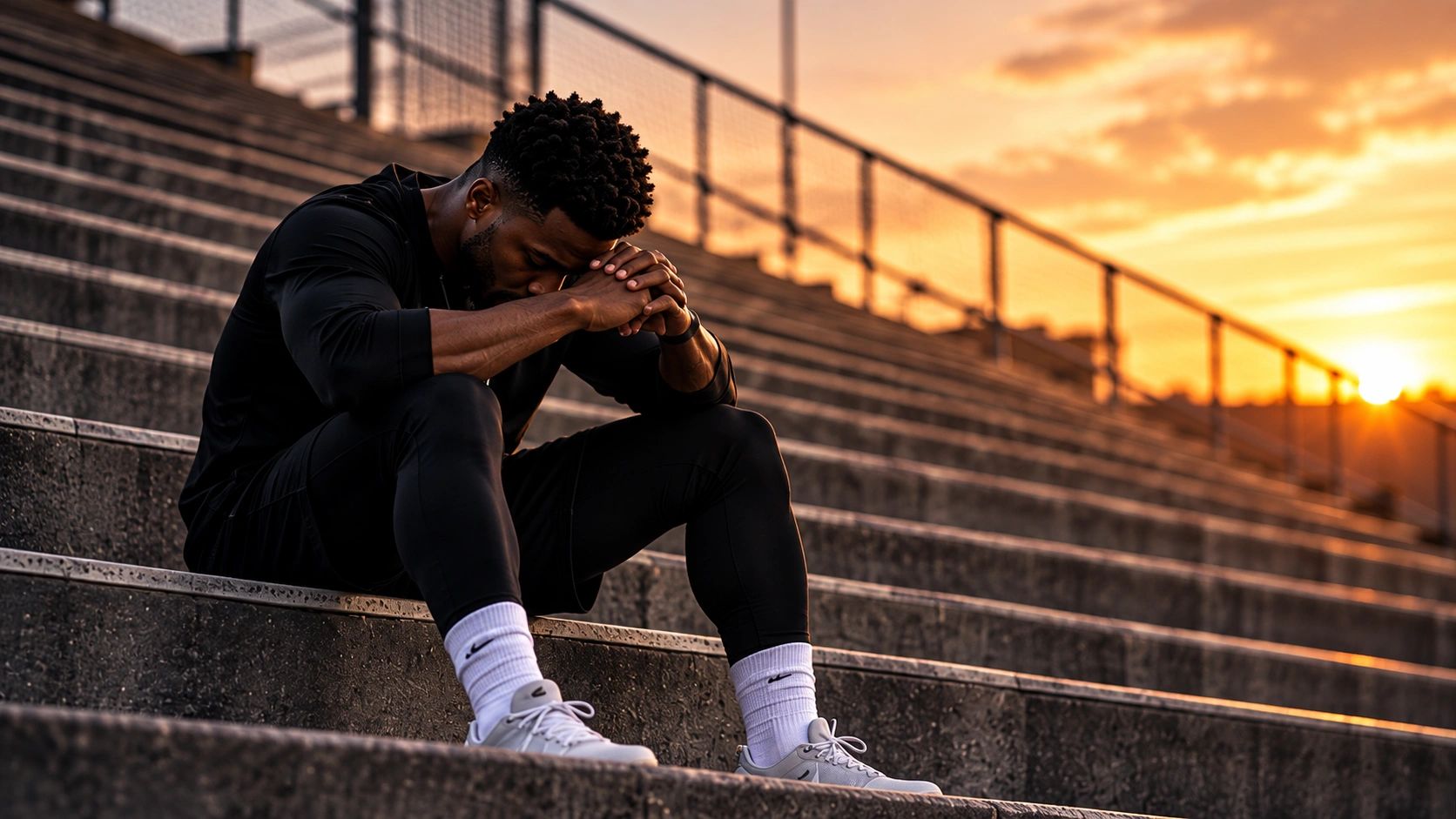 Man in athletic wear sitting on stadium stairs at sunset.
