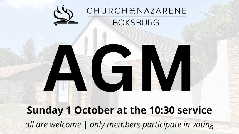 AGM announcement for Church of the Nazarene Boksburg on October 1 at 10:30 service.